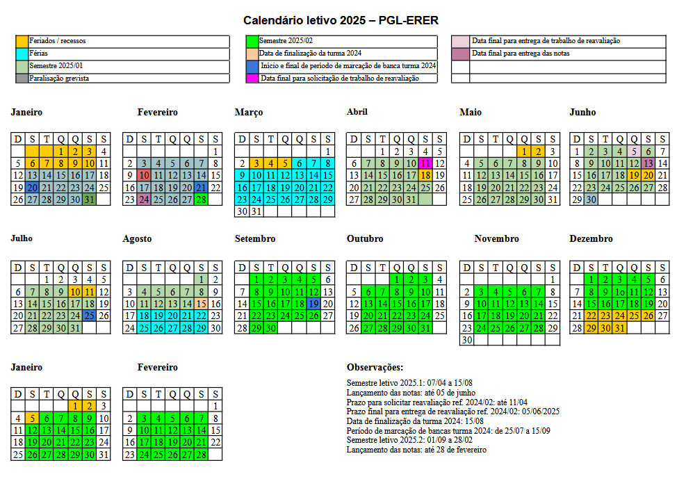 Calendário letivo ERER 2025